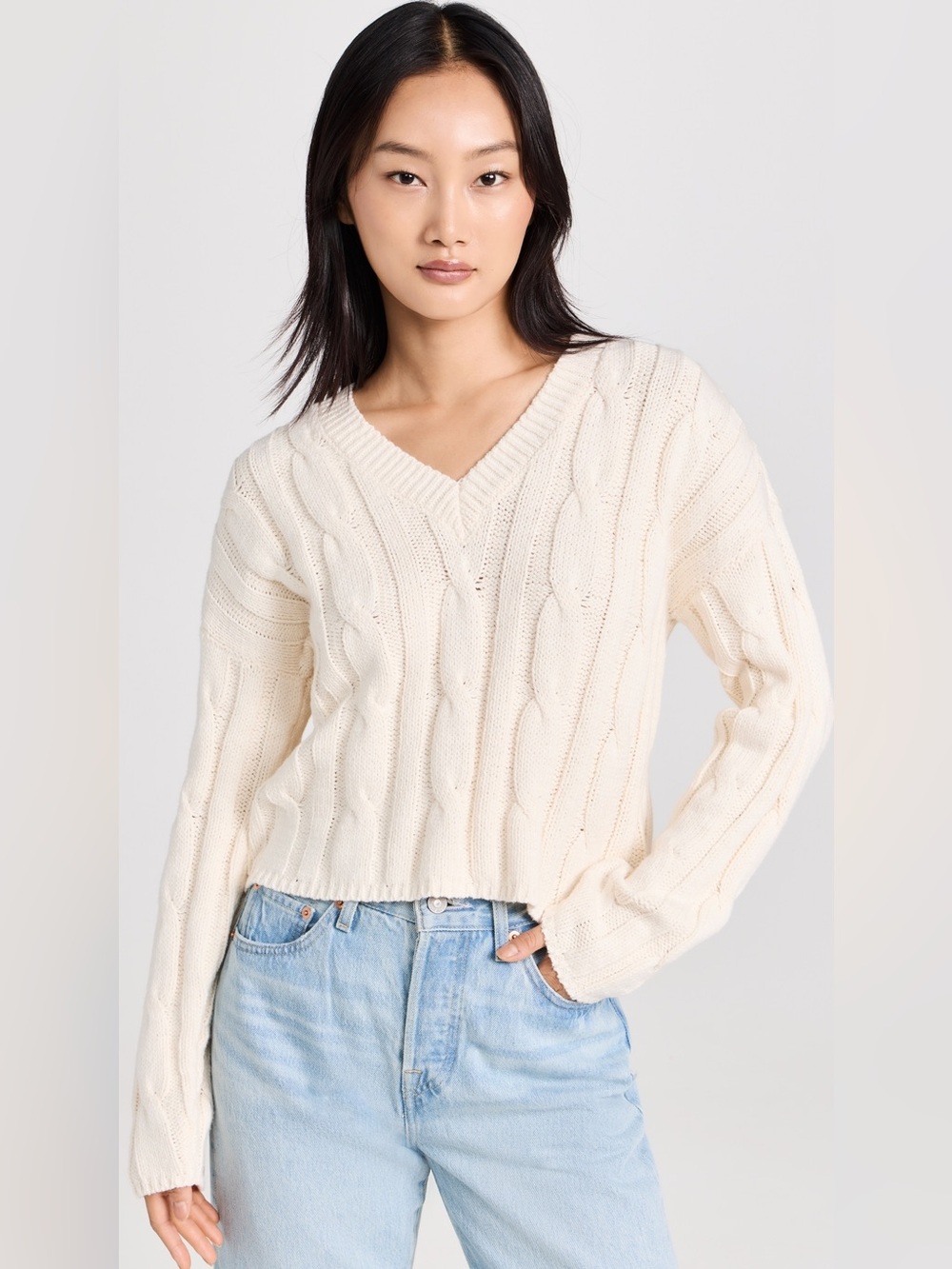 Madewell Cream Cable‑Knit V‑Neck Sweater